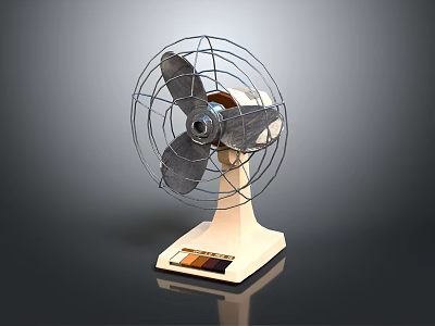 Vintage Retro Electric Fan With Metal Mesh Cover Wooden Base And Black Blades 3d model