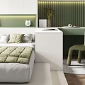Modern Tatami Bedroom Interior Design With Green Bedding White Wardrobe Desk Chair And Plants