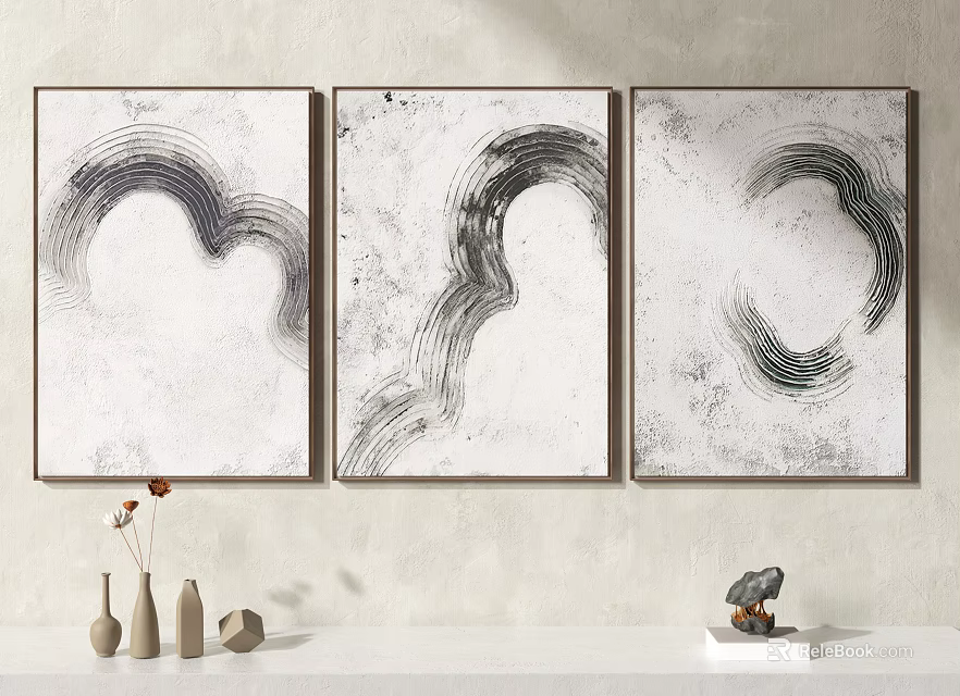 Modern Abstract Paintings With Curved Black Lines On Textured Beige Background Hanging Above White Shelf 3d model 