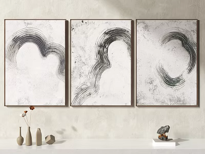 Modern Abstract Paintings With Curved Black Lines On Textured Beige Background Hanging Above White Shelf 3d model