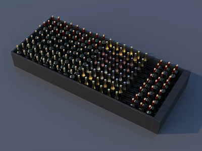 Neatly Organized Public Facility With Black Rectangular Container And Small Bottles With Colored Caps 3d model
