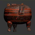 Red Lacquer Sculpture Featuring Carved Patterns Lid Three Legs and Side Handles 3d model