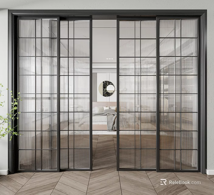 Modern Glass Sliding Doors With Black Frames For Interior Design 3d model 