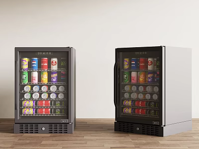 Stylish Mini Fridges On Wooden Floor With Various Beverages And White Wall Background 3d model