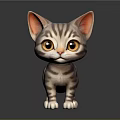 Cute Standing Cartoon Kitten With Gray Striped Fur And Orange Inner Ears