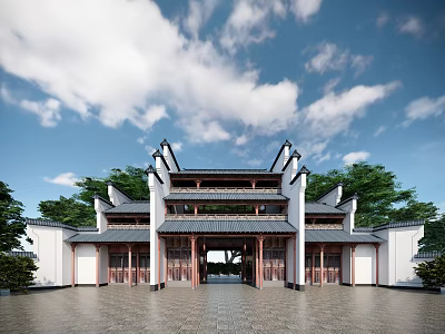 Traditional Chinese Ancient Architecture With White Walls Black Tiles And Courtyard Gateway 3d model