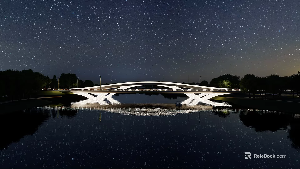 Illuminated Modern Bridge Under Starry Night With Water Reflection And Trees 3d model