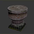 Decorative Stone Pedestal With Moss Covered Round Top Spiral Red Orange Patterns And Square Base