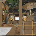 Warm Traditional Restaurant Interior With Wooden Structures Hanging Lanterns Green Plants And Seating Area