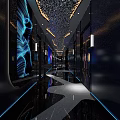 Modern Corridor Interior With Blue Wave Mural LED Lighting And Reflective Floor Design