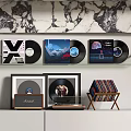 Decorative Ornament Combination with Vinyl Records Framed Artworks Record Player Storage Rack on White Cabinets