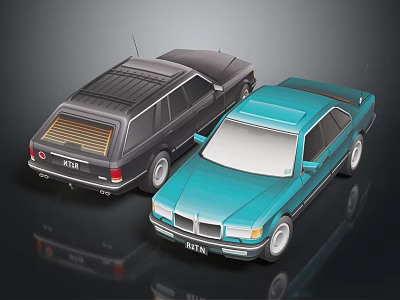 Two Classic Black and Blue Vintage Cars with Retro Exterior Design 3d model