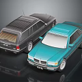 Two Classic Black and Blue Vintage Cars with Retro Exterior Design