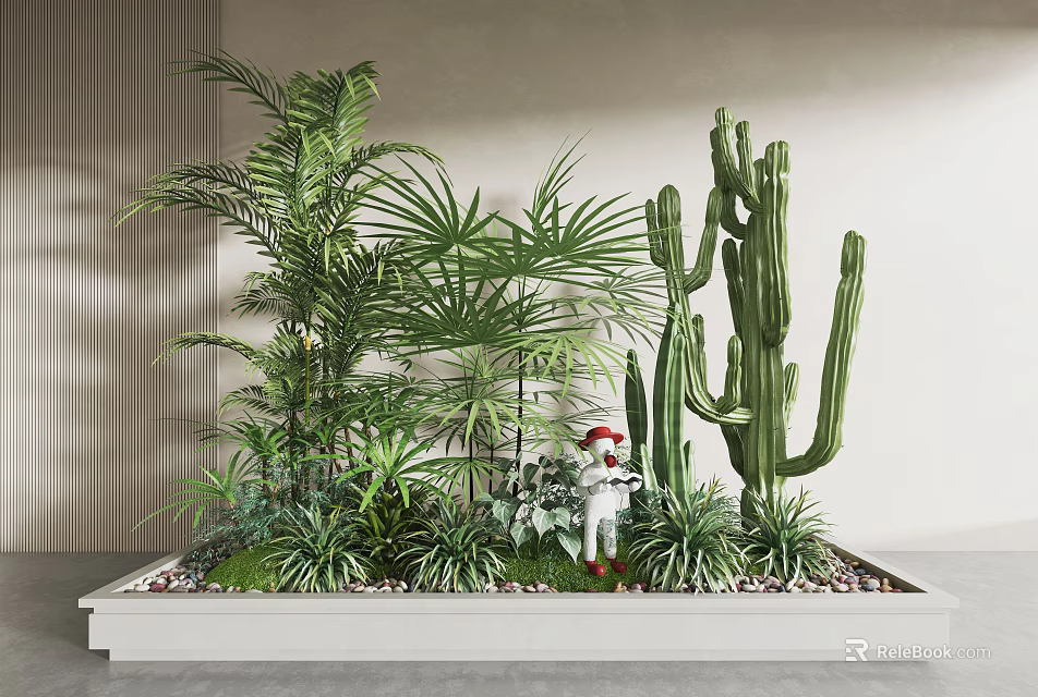 Garden Decorative Setup With Various Green Plants Palm Cactus And Small Statue In White Planter 3d model 