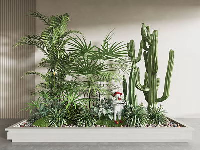 Garden Decorative Setup With Various Green Plants Palm Cactus And Small Statue In White Planter 3d model