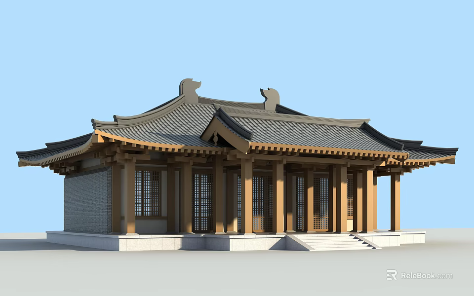 Ancient Traditional Architecture With Curved Tile Roof And Wooden Columns 3d model 
