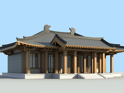 Ancient Traditional Architecture With Curved Tile Roof And Wooden Columns 3d model