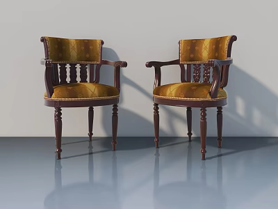 Elegant Classic Wooden Armchairs With Yellow Upholstery And Dark Legs 3d model