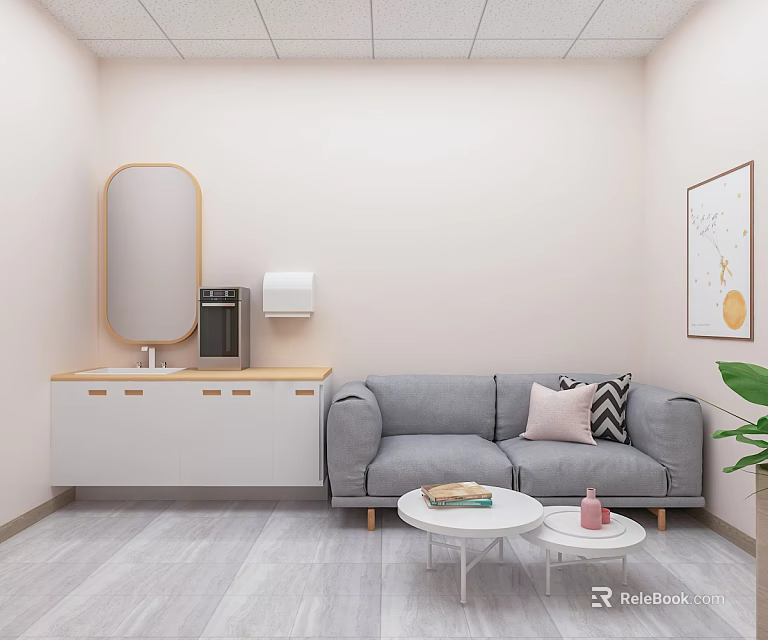 Modern Clean Public Restroom Interior Design With Comfortable Sofa Mirror Sink And Coffee Machine 3d model 