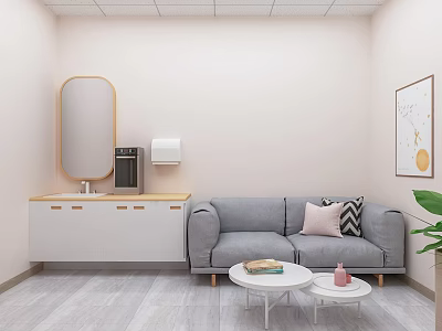 Modern Clean Public Restroom Interior Design With Comfortable Sofa Mirror Sink And Coffee Machine 3d model