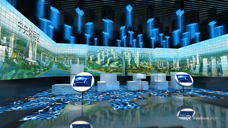 Modern Tech Exhibition Hall Featuring Curved Screen Cityscape White Cube Seats And Blue Wave Floor 3d model 