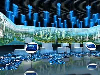 Modern Tech Exhibition Hall Featuring Curved Screen Cityscape White Cube Seats And Blue Wave Floor 3d model