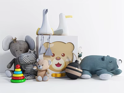 Cute Plush Stuffed Animals Collection Including Elephant Bear Seagull And Stacking Tower 3d model