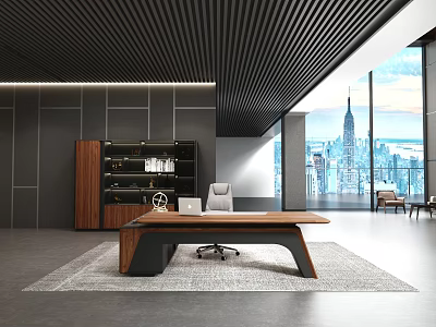 Modern Office Interior With Wooden Desk Leather Chair Bookshelf And City View Through Large Window 3d model