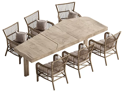 Natural Wooden Dining Table Set with Six Rattan Chairs and Comfortable Cushions 3d model