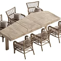 Natural Wooden Dining Table Set with Six Rattan Chairs and Comfortable Cushions