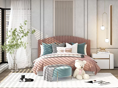 Cozy Bedroom Background Double Bed With Red Headboard Blue Pillows And Teddy Bear 3d model