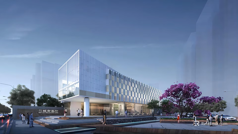 Modern Sales Office Building With Glass Facade And Surrounding Purple Flower Trees 3d model 