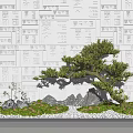 Courtyard Garden with White Patterned Wall Leaning Bonsai Tree Rocks Green Moss and White Pebbles 3d model