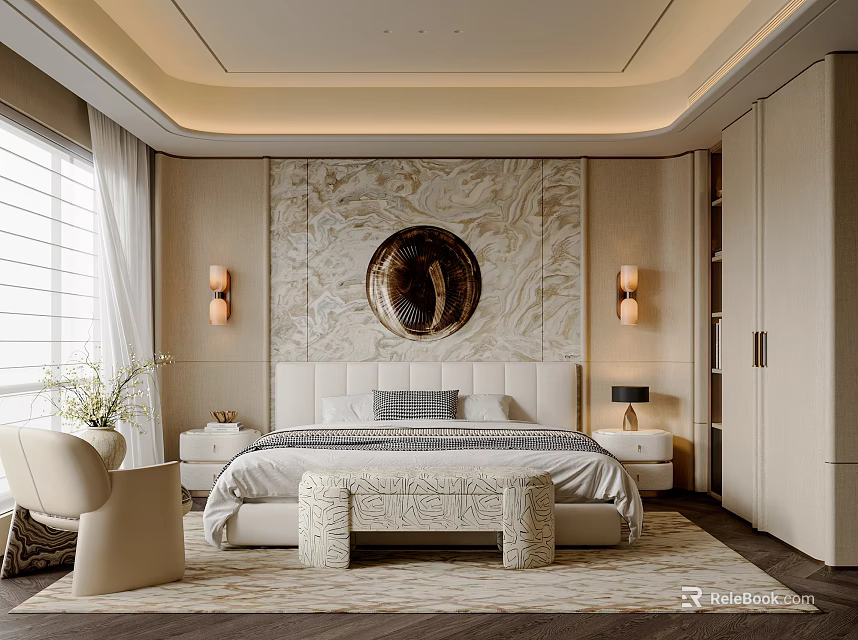 Modern Bedroom Interior With Circular Mirror Accent Chair And Recessed Lighting 3d model 