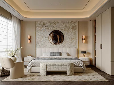 Modern Bedroom Interior With Circular Mirror Accent Chair And Recessed Lighting 3d model