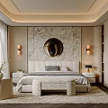 Modern Bedroom Interior With Circular Mirror Accent Chair And Recessed Lighting