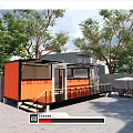 Modern Orange Container Station with Outdoor Tables Chairs Trees and Staircase Railing
