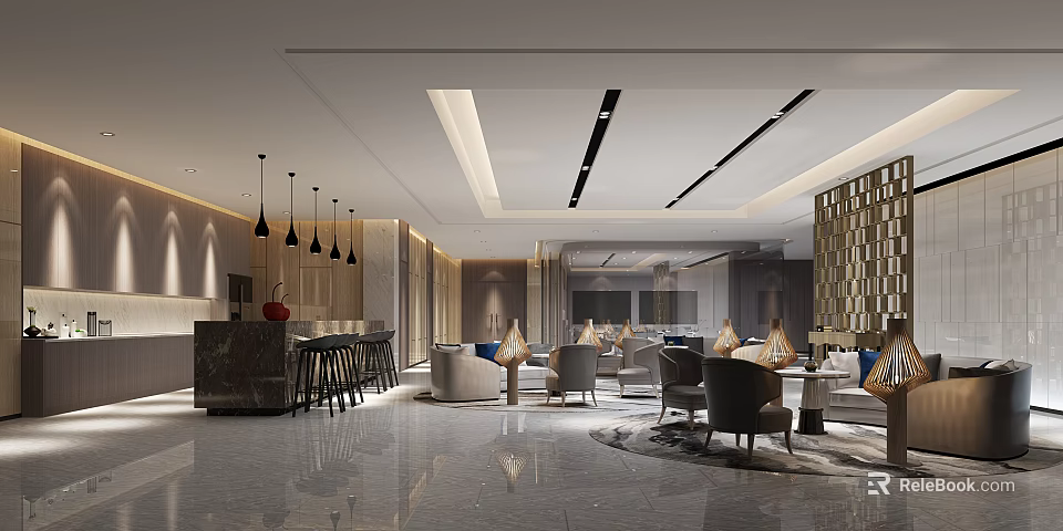 Modern Office Pantry Design With Seating Area Bar Counter And Lighting 3d model 