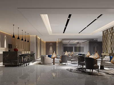 Modern Office Pantry Design With Seating Area Bar Counter And Lighting 3d model