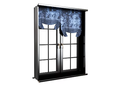 Blue Patterned Curtains Hanging On Black Frame Double Door Window 3d model