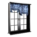 Blue Patterned Curtains Hanging On Black Frame Double Door Window