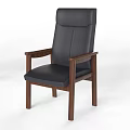 Four Black Leather Leisure Chairs With Wooden Arms And Legs And One Wheeled Design