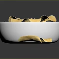 Golden Crunchy Potato Chips In White Bowl With Scattered Pieces On Dark Surface