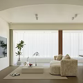 Modern Living Room Interior With Beige Sofa Wooden Shelves Artwork And Coffee Table