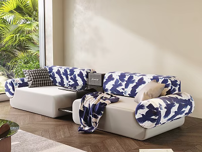 Modern Sectional Sofa with Blue White Pattern Throw Pillows and Blanket in Bright Living Room 3d model