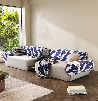 Modern Sectional Sofa with Blue White Pattern Throw Pillows and Blanket in Bright Living Room 3d model