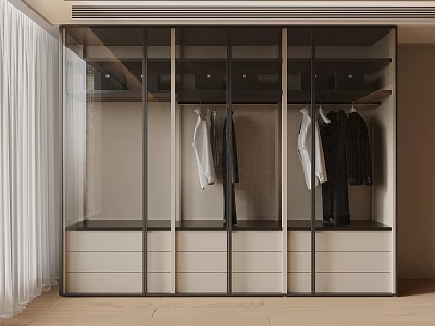 Modern Wardrobe Interior With Glass Doors Hanging Clothes And Drawers 3d model