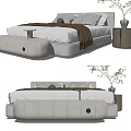 Modern Double Bed With White Linen Striped Pillows And Footstool