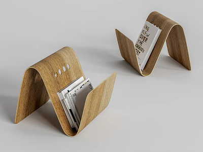 Two Modern Wooden Wave Shaped Bookcases Holding Cards And Papers On White Background 3d model