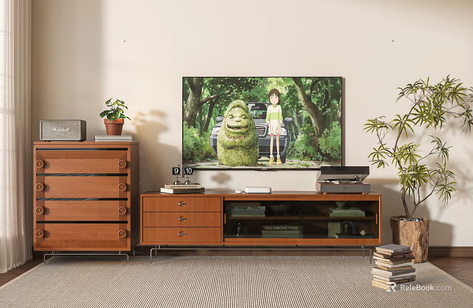Wooden TV Stand With TV Showing Cartoon Scene And Potted Plant Near Dresser 3d model 